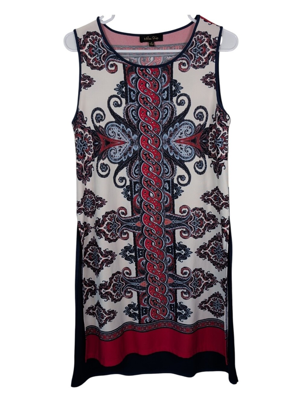 Melissa Paige White Navy Red Paisley Print Sleeveless Shift Dress - Picture 2 of 10